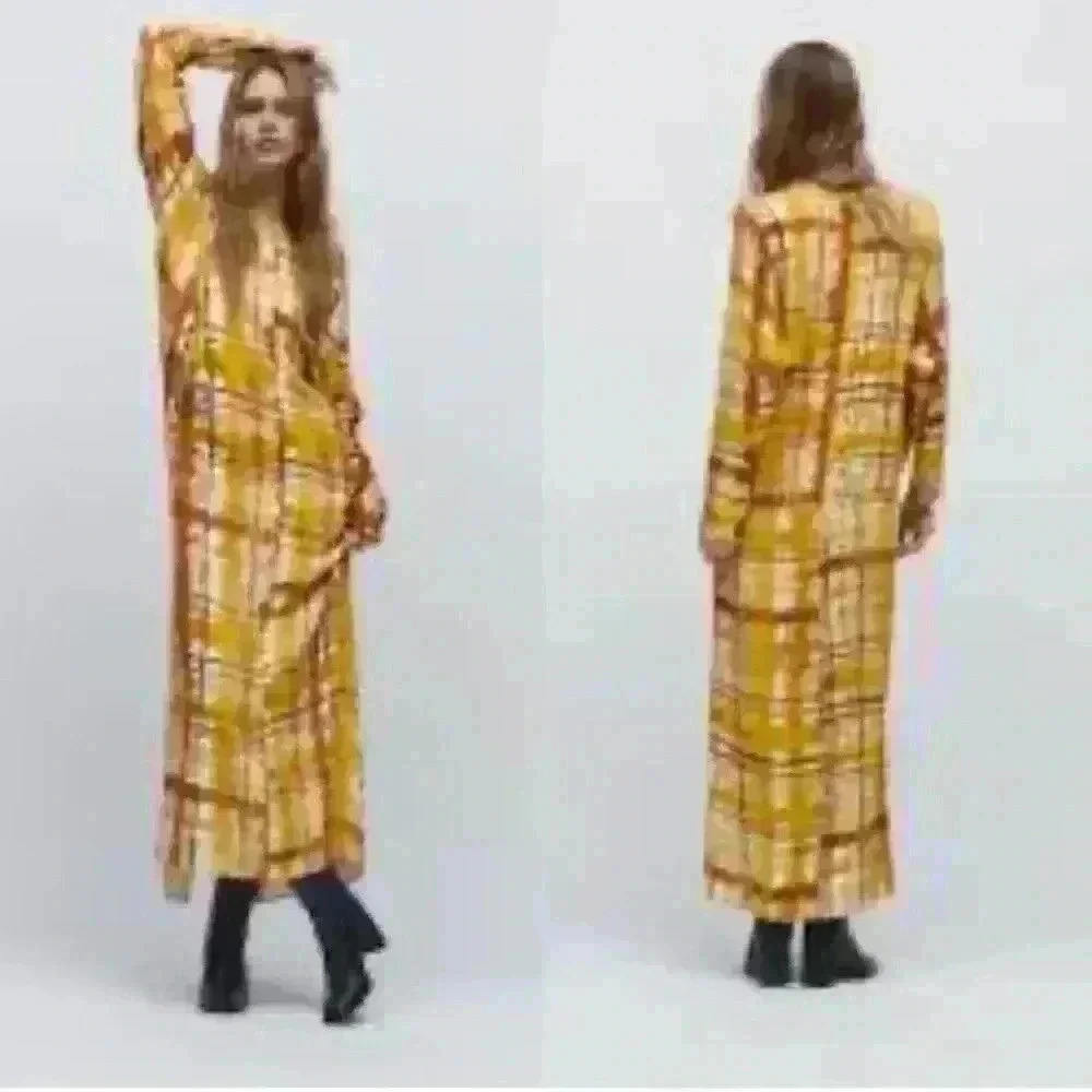NWT Zara yellow printed maxi long sleeve dress sz XS